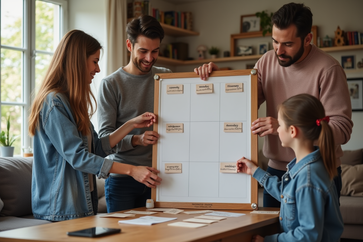 Famille plaçant des étiquettes sur un tableau de corvées