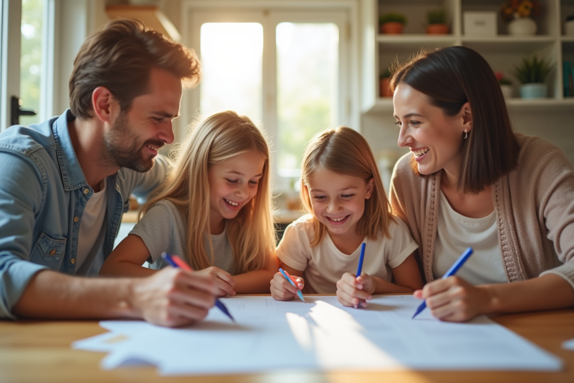 Famille souriante remplissant documents de vacances à la maison