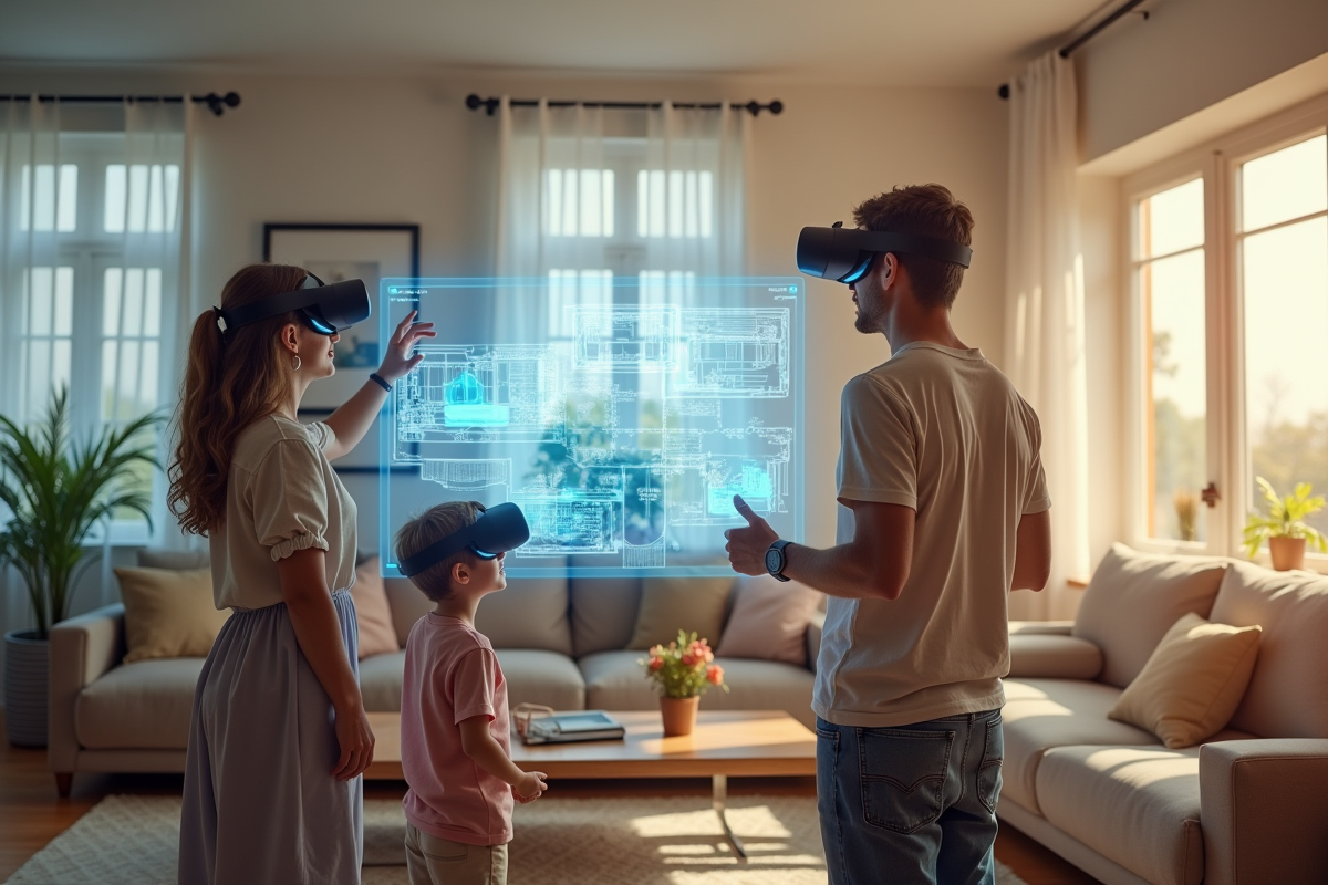 Famille utilisant la VR pour explorer un plan virtuel
