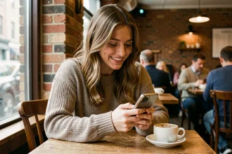 Femme souriante consultant une application de rencontres sur son smartphone dans un café parisien chaleureux