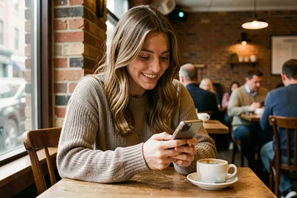 Femme souriante consultant une application de rencontres sur son smartphone dans un café parisien chaleureux