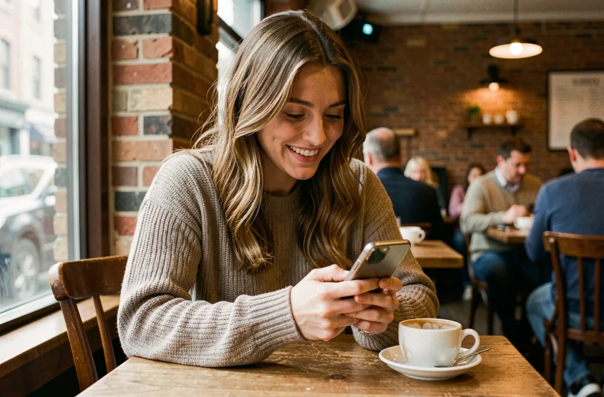 Femme souriante consultant une application de rencontres sur son smartphone dans un café parisien chaleureux
