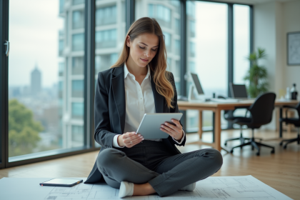 Femme architecte travaillant sur une tablette dans un bureau moderne