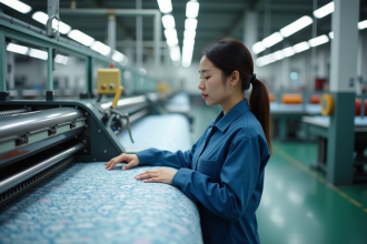 Femme asiatique inspectant un tissu dans une usine textile