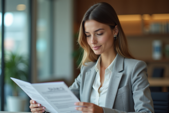 Femme professionnelle en blazer gris tenant brochure bancaire