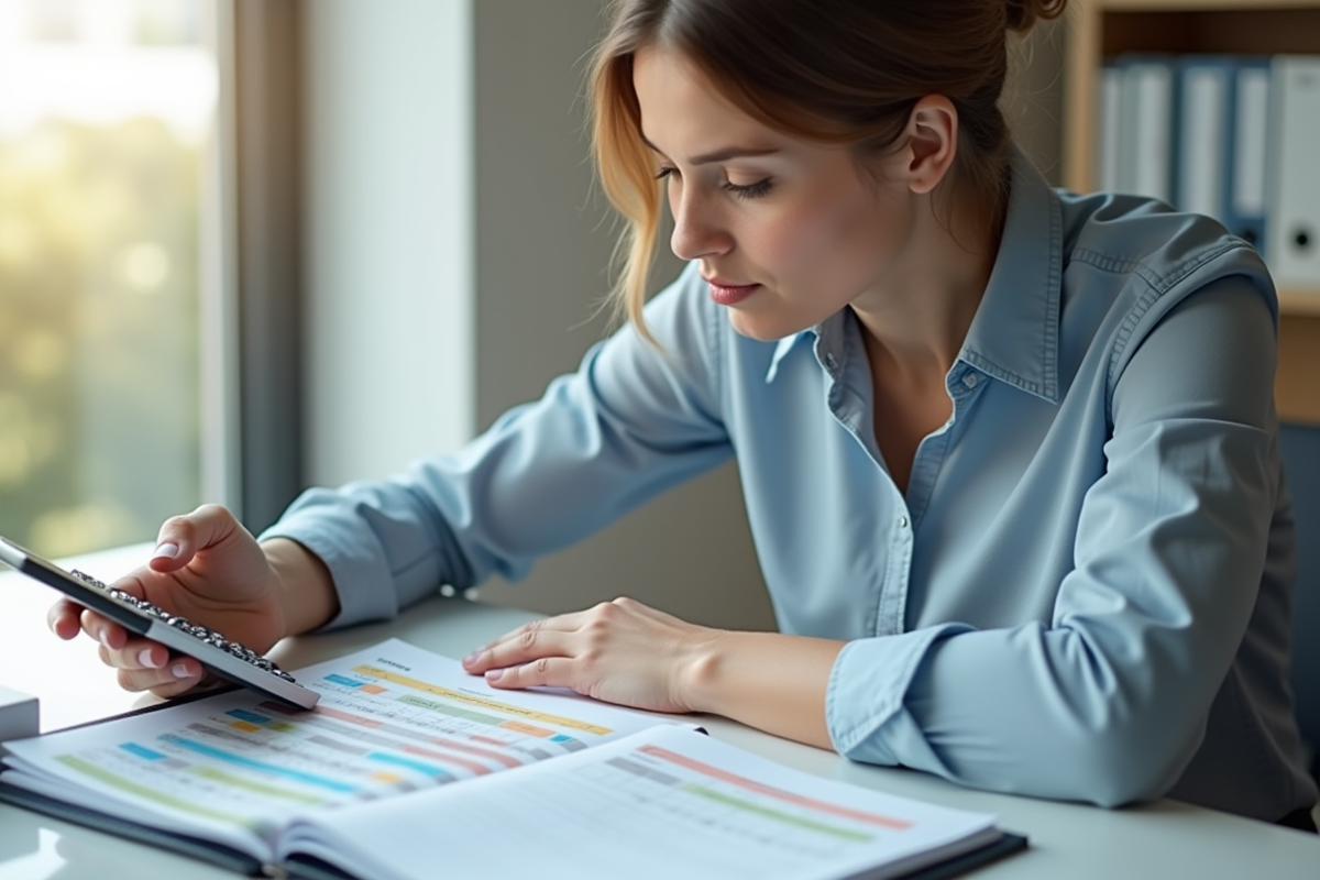 Femme professionnelle examinant un planificateur budgétaire coloré