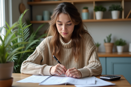 Jeune femme vérifiant son budget dans une cuisine chaleureuse