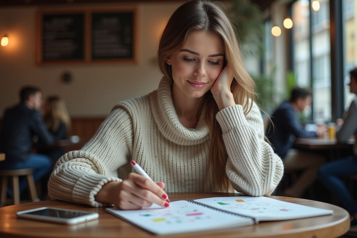 Jeune femme concentrée avec carnet coloré et smartphone au café