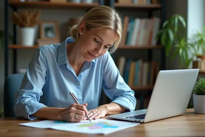 Femme marquant des lieux sur une carte de France dans un bureau