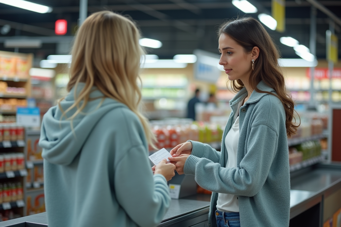 Femme payant par cheque au supermarche