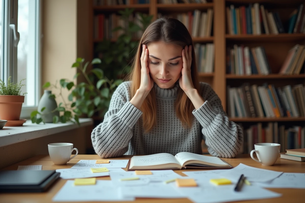 Femme concentrée prenant des notes à son bureau couvert de mémos pour améliorer sa mémoire