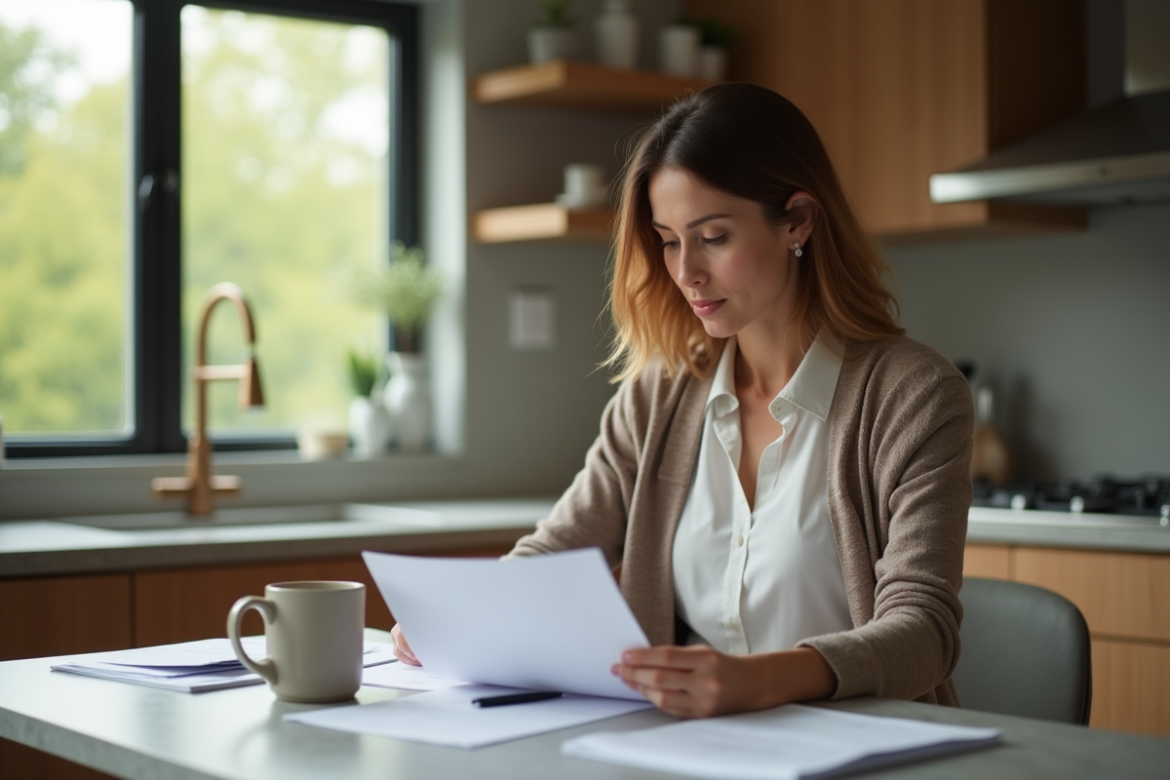 Femme d'âge moyen examinant des documents hypothécaires à la maison