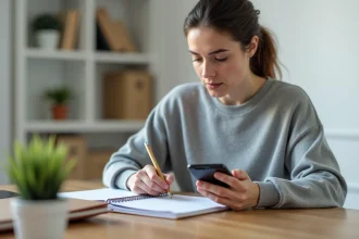 Femme convertissant des minutes en heures dans un planner avec une application sur smartphone à son bureau