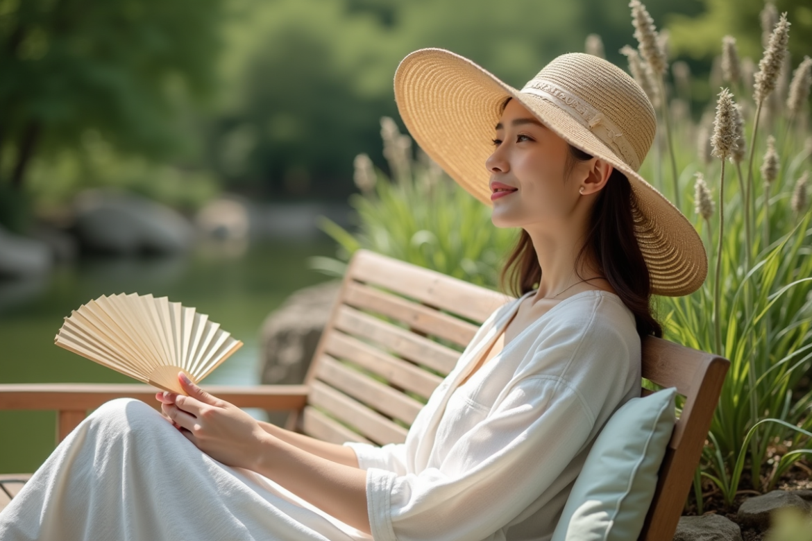 Jeune femme relaxant en extérieur avec robe en lin et chapeau