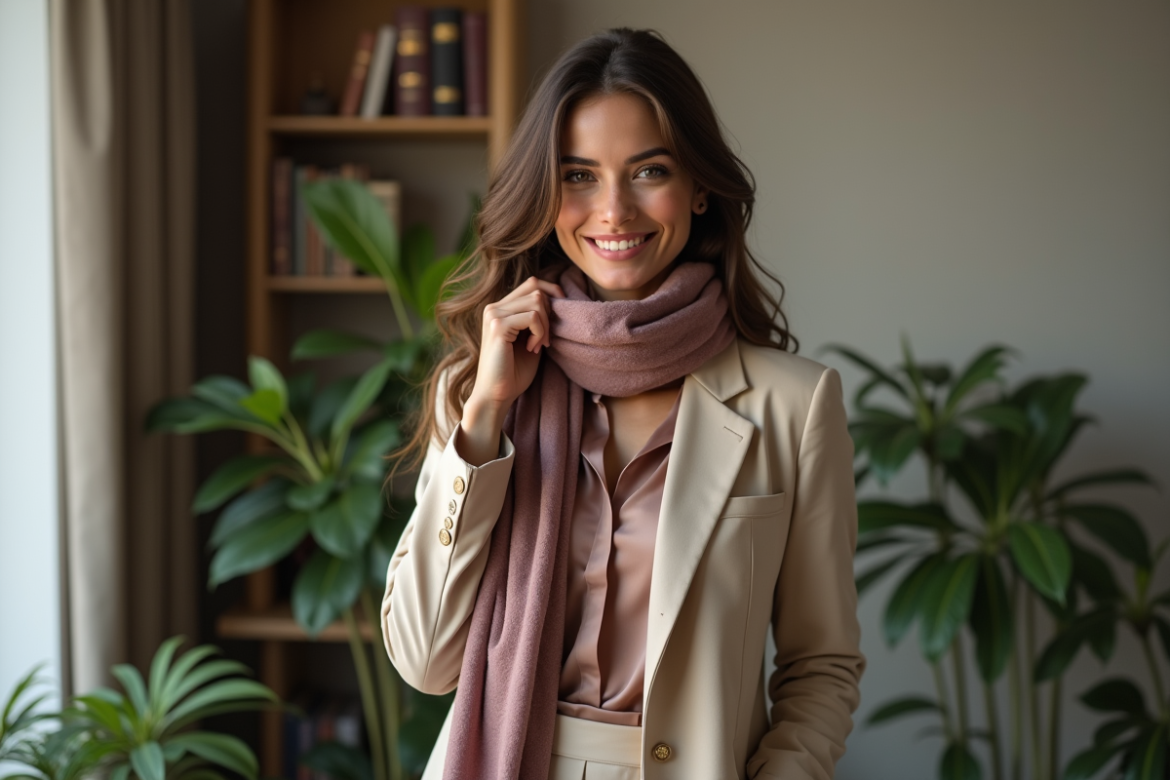 Femme élégante en blazer et foulard dans un intérieur sophistiqué