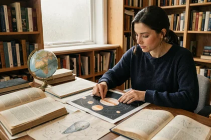 Femme étudiant une carte des lunes de Jupiter dont Io dans une bibliothèque scientifique