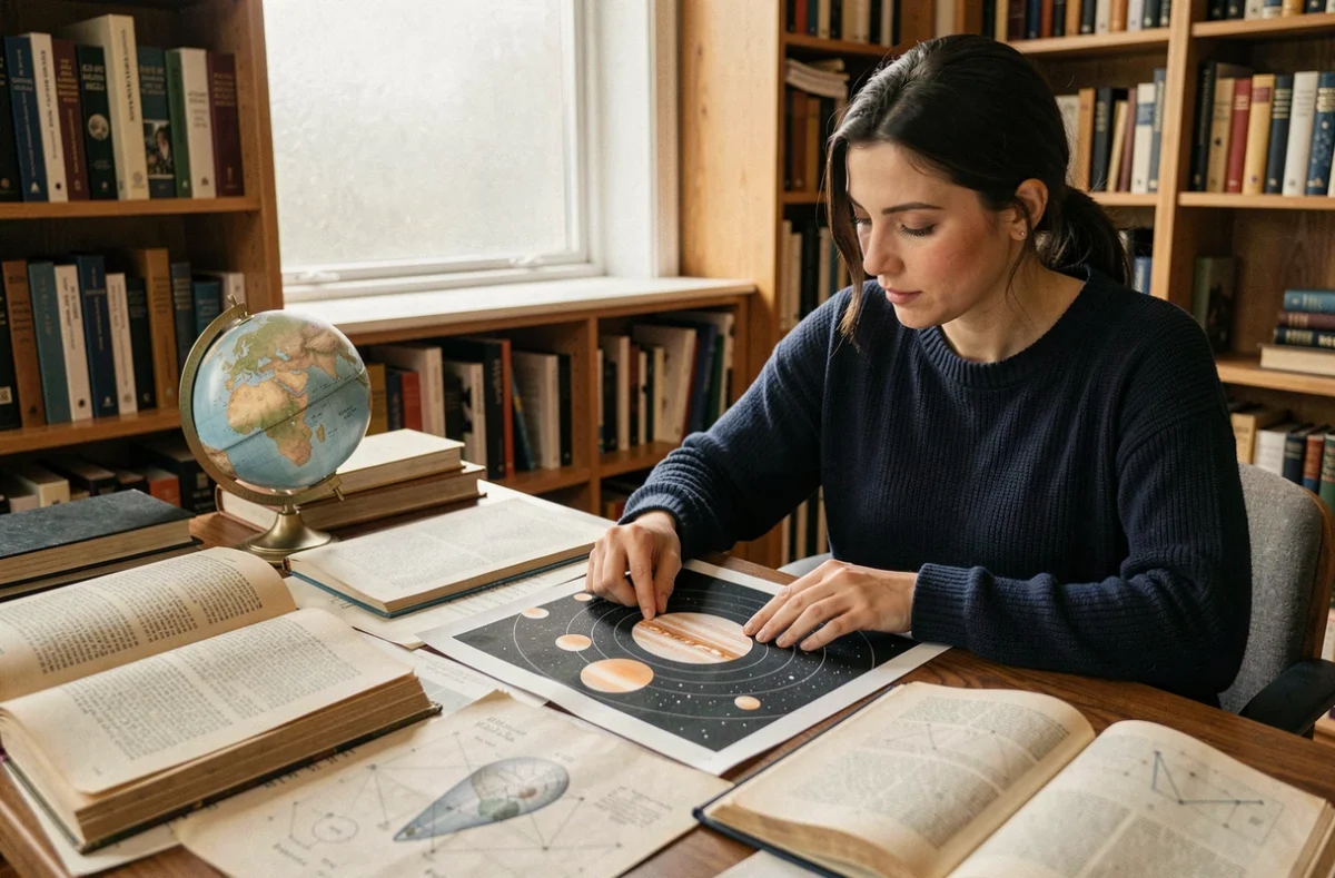 Femme étudiant une carte des lunes de Jupiter dont Io dans une bibliothèque scientifique