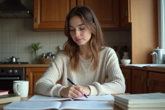 Jeune femme étudie le français à la maison