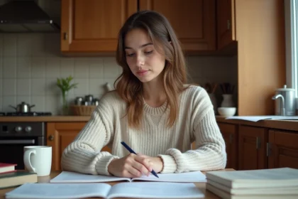 Jeune femme étudie le français à la maison