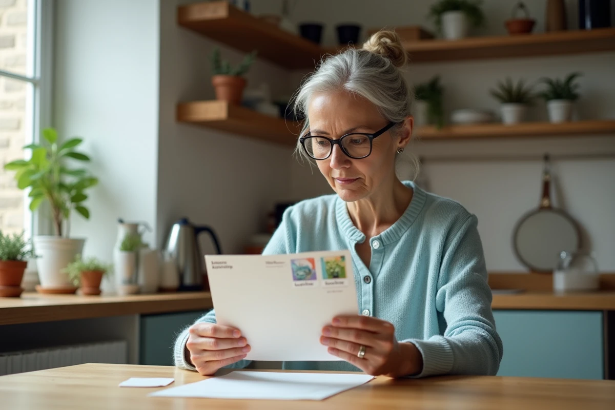 Femme moyenne âge examinant des timbres et lettres françaises
