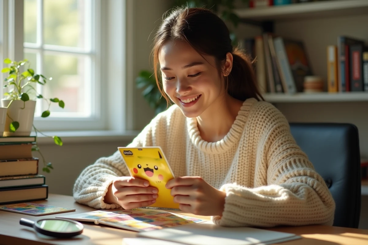 Jeune femme examinant attentivement une carte Pokémon Pikachu holographique rare avec un regard concentré et admiratif