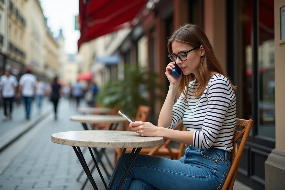 Jeune femme française au café utilisant son smartphone