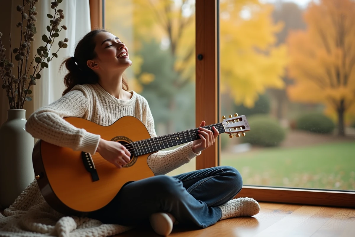 Femme jouant de la guitare acoustique et chantant Je Te Promets près d'une fenêtre avec jardin automnal en arrière-plan