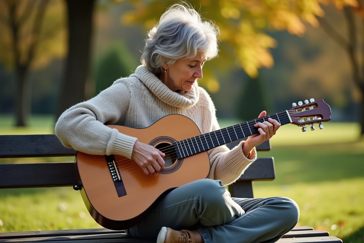 Femme pratique accords de guitare en plein air au parc
