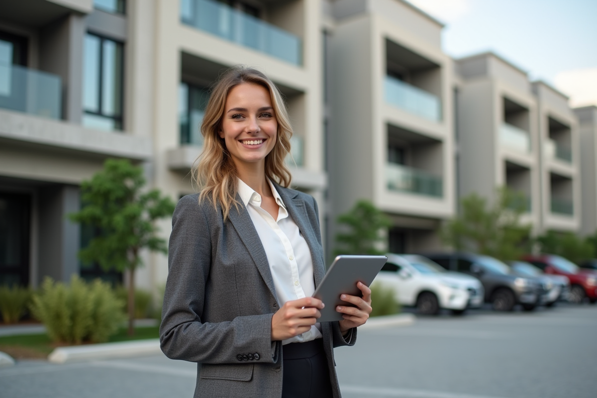 Jeune femme souriante devant un immeuble neuf