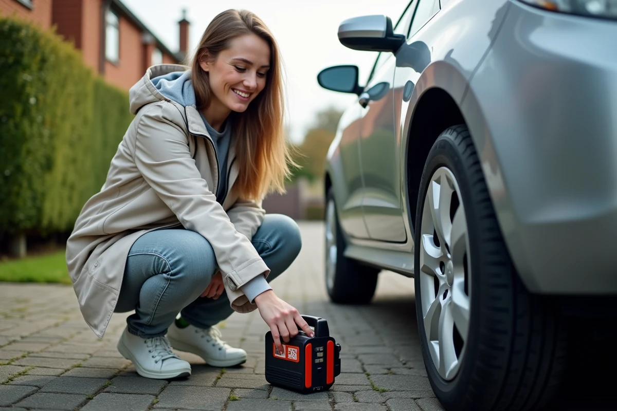 Jeune femme utilisant un gonfleur de pneus devant sa voiture