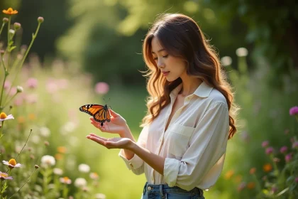 Jeune femme dans un jardin avec papillon sur la main