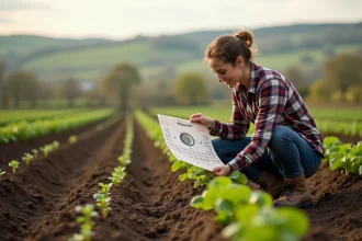 Femme paysanne en jardinage avec calendrier lunaire