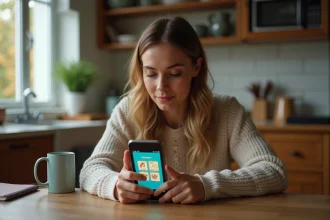 Femme jouant à 4 Images 1 Mot sur smartphone, cherchant une réponse à 9 lettres