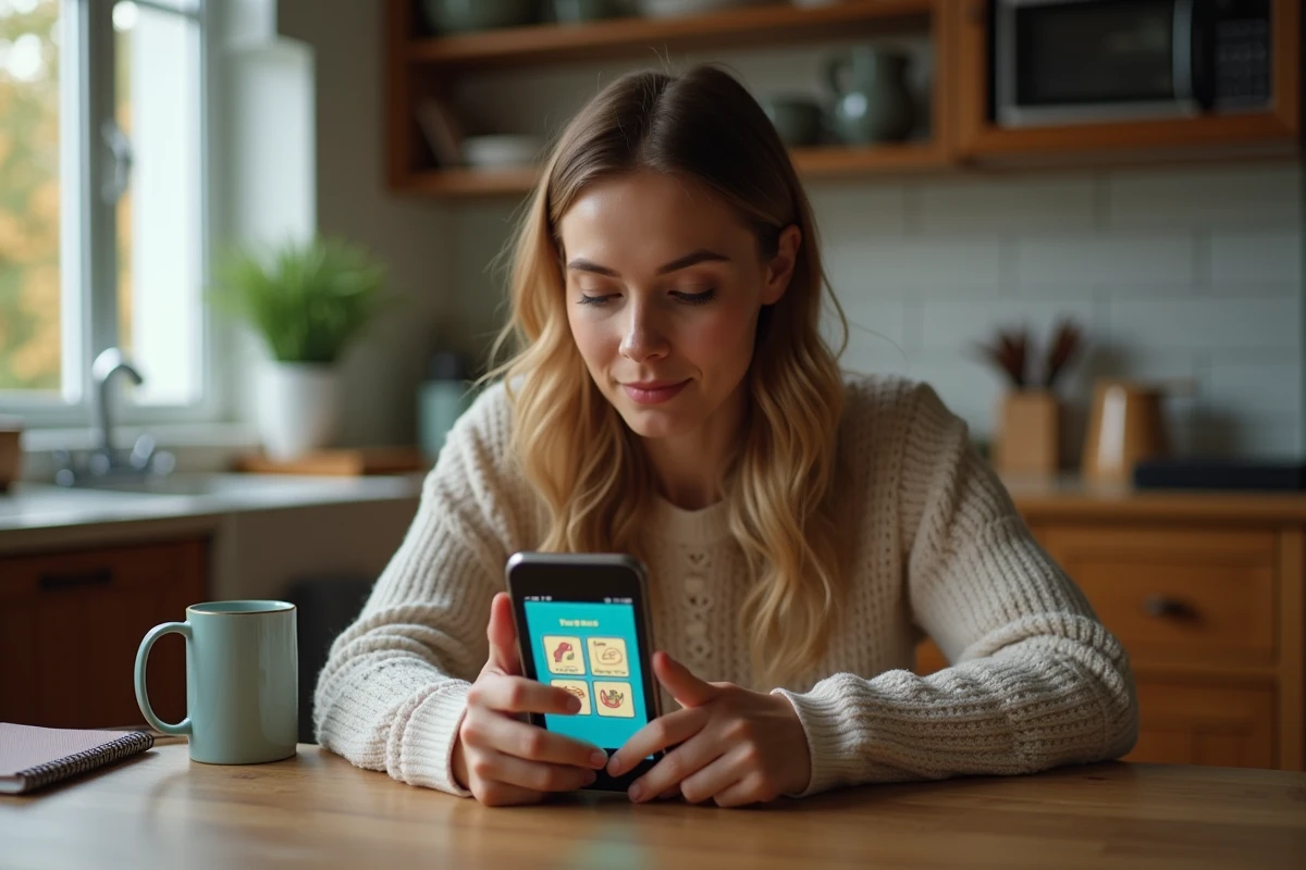 Femme jouant à 4 Images 1 Mot sur smartphone, cherchant une réponse à 9 lettres