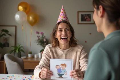 Femme souriante avec carte d'anniversaire faite main