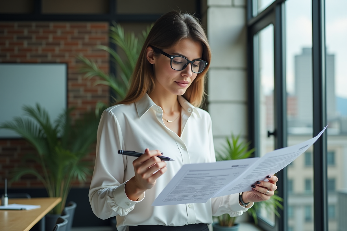 Jeune femme analysant des documents dans un bureau moderne