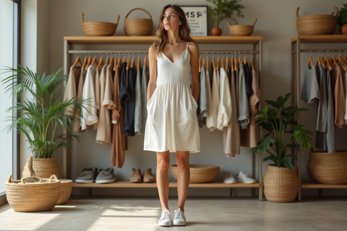 Jeune femme en robe bio dans boutique mode durable
