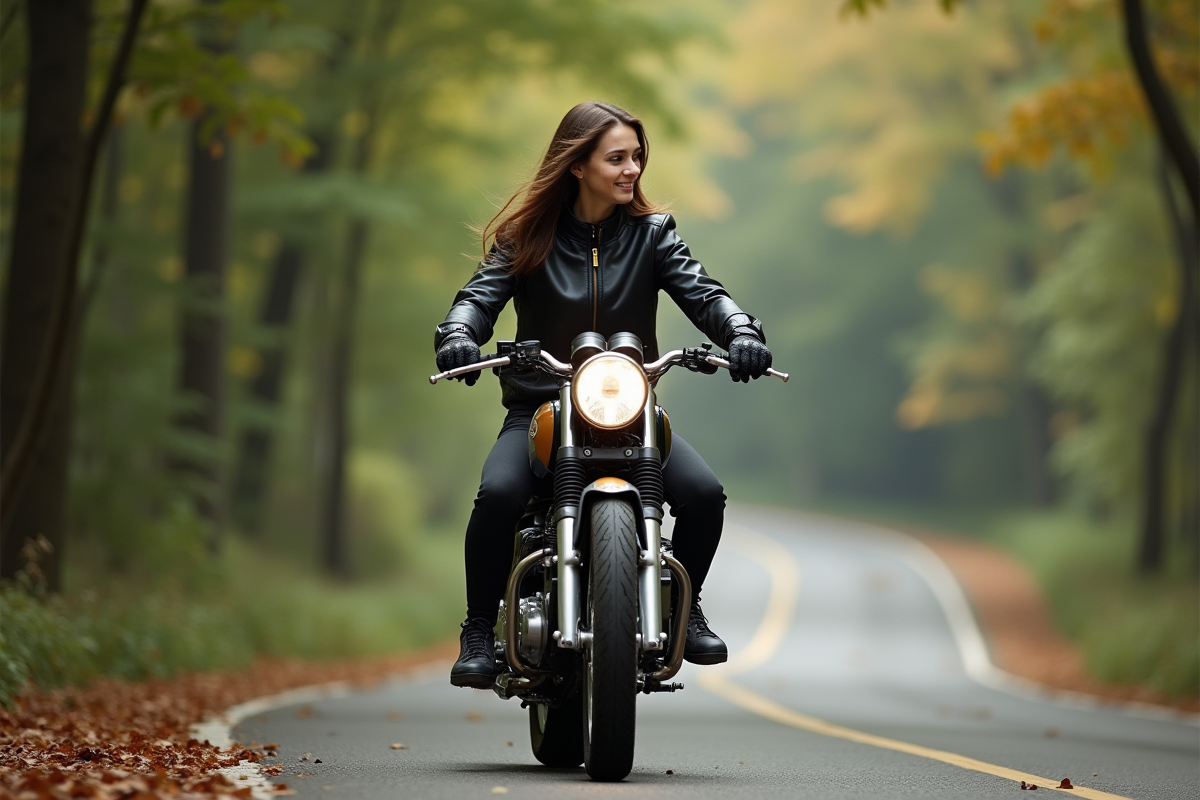 Jeune femme en moto 125cc en forêt en action