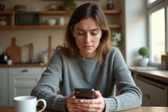 Femme consultant un numéro de téléphone inconnu sur son smartphone dans une cuisine moderne