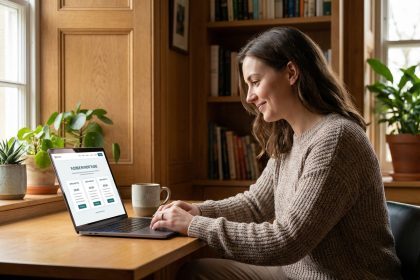 Jeune femme souriante utilisant un ordinateur pour un plan de paiement