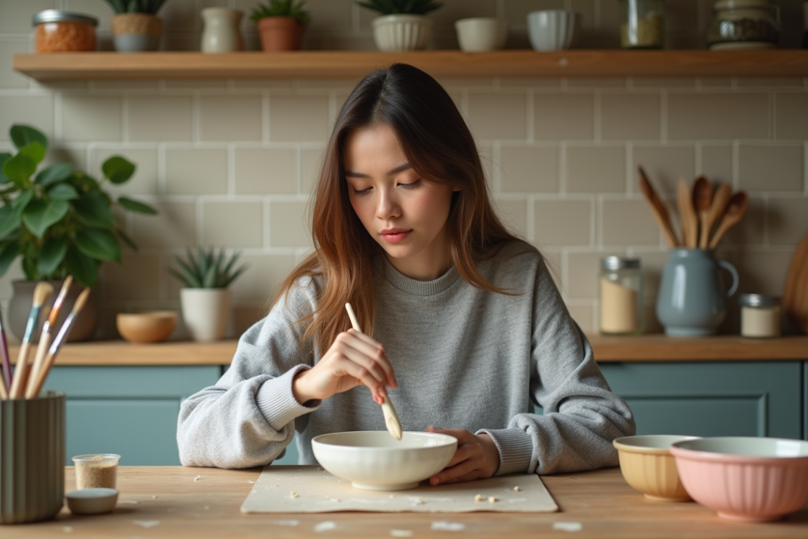 Jeune femme préparant de la peinture naturelle à la maison