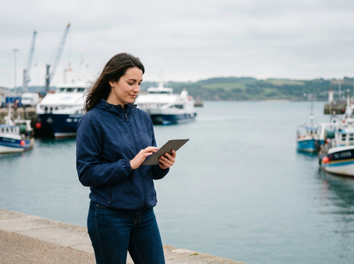 Jeune femme en windbreaker à Cherbourg port