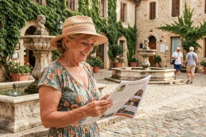 Femme consultant le programme d'une fête de village en Provence pour éviter la foule