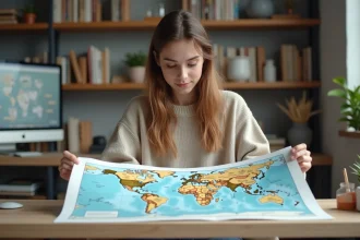 Jeune femme examine une carte du monde sur son bureau