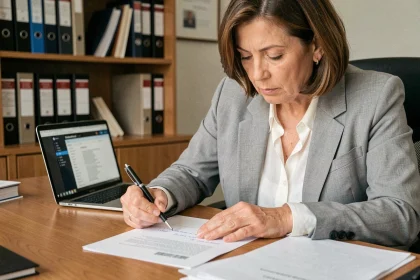 Femme rédigeant une lettre de recours contre une décision administrative avec des annotations manuscrites sur un document PDF imprimé
