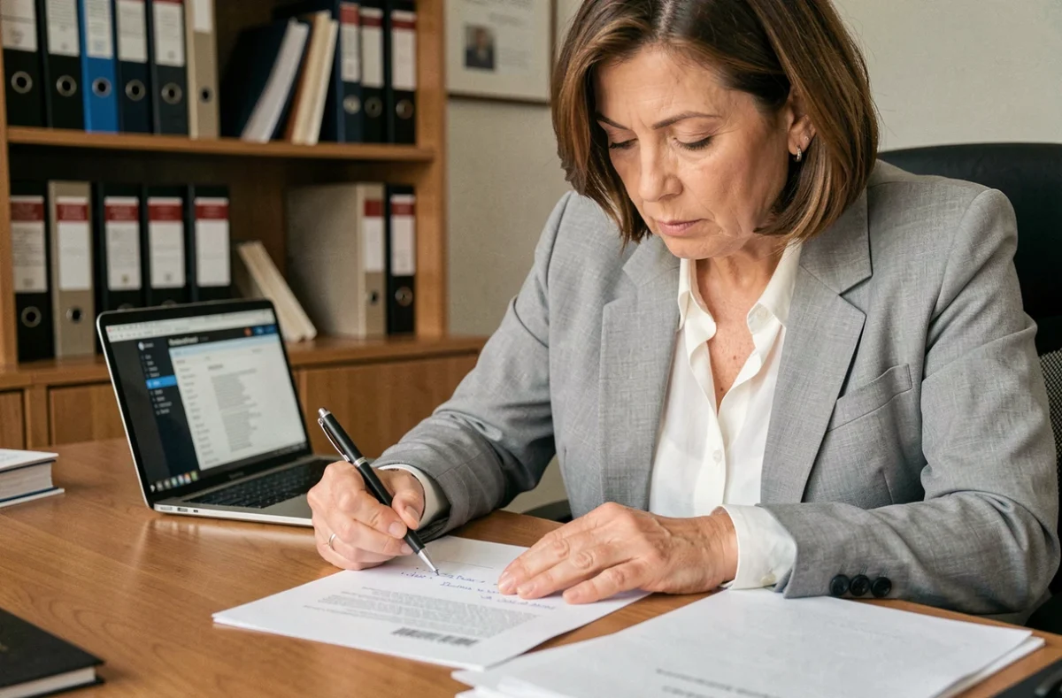 Femme rédigeant une lettre de recours contre une décision administrative avec des annotations manuscrites sur un document PDF imprimé