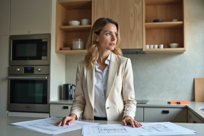 Femme en tenue professionnelle dans une cuisine en rénovation