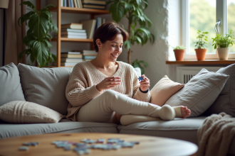 Femme en fauteuil avec jambe en plâtre jouant au puzzle
