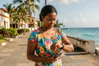 Femme réunionnaise consultant l'heure sur son téléphone sur le front de mer de Saint-Denis, décalage horaire La Réunion Europe 2026