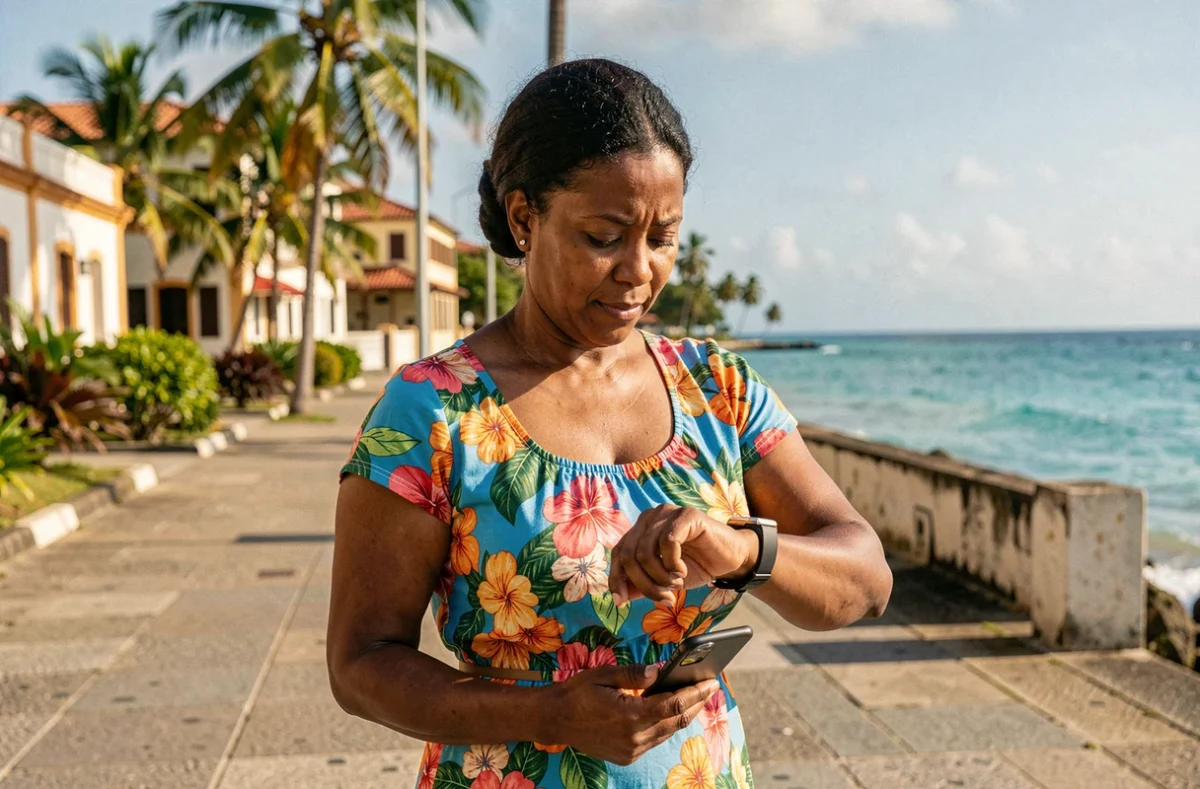 Femme réunionnaise consultant l'heure sur son téléphone sur le front de mer de Saint-Denis, décalage horaire La Réunion Europe 2026